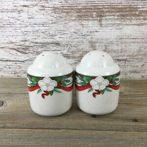 Vintage Pfaltzgraff Yuletide Salt & Pepper Shakers Red Bow Floral Holiday Design